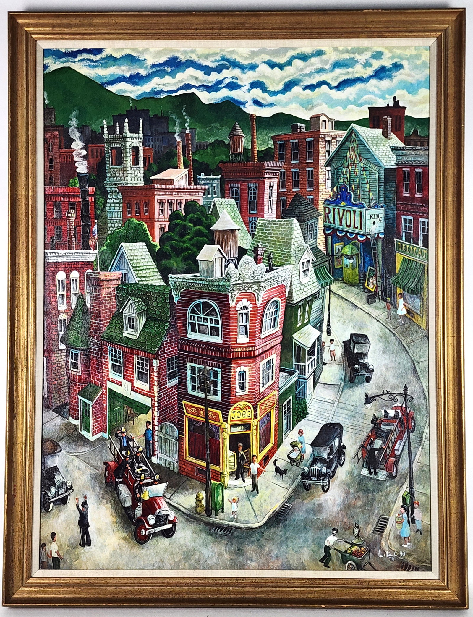 A 20th Century Oil on Canvas Painting, Whimsical Town Scene, Signed Will C. Bell and dated '74, 40": A 20th Century Oil on Canvas Painting, Whimsical Town Scene, Signed Will C. Bell and dated '74, 40" x 30", Framed-44 1/2" x 34"