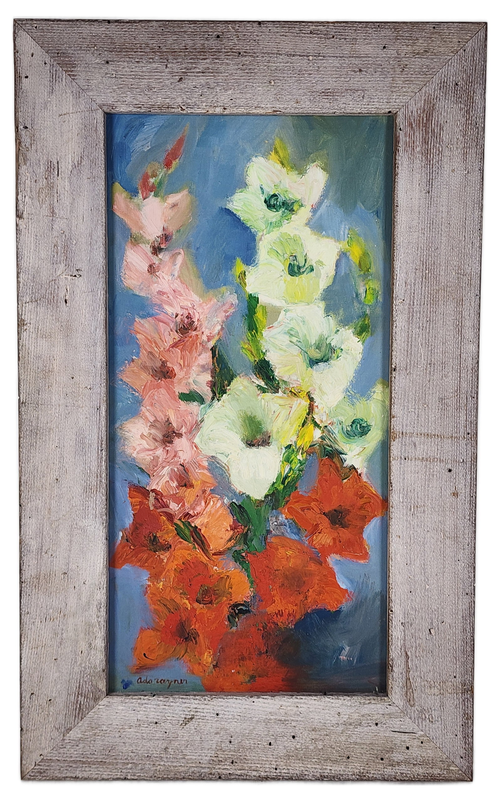 Ada Rayner Hensche (English/American, 1901-1985) Gladiolas, Signed Ada Rayner lower left, Oil on: Ada Rayner Hensche (English/American, 1901-1985) Gladiolas, Signed Ada Rayner lower left, Oil on canvas, 20" x 10", Framed-25 1/4" x 15 1/2"