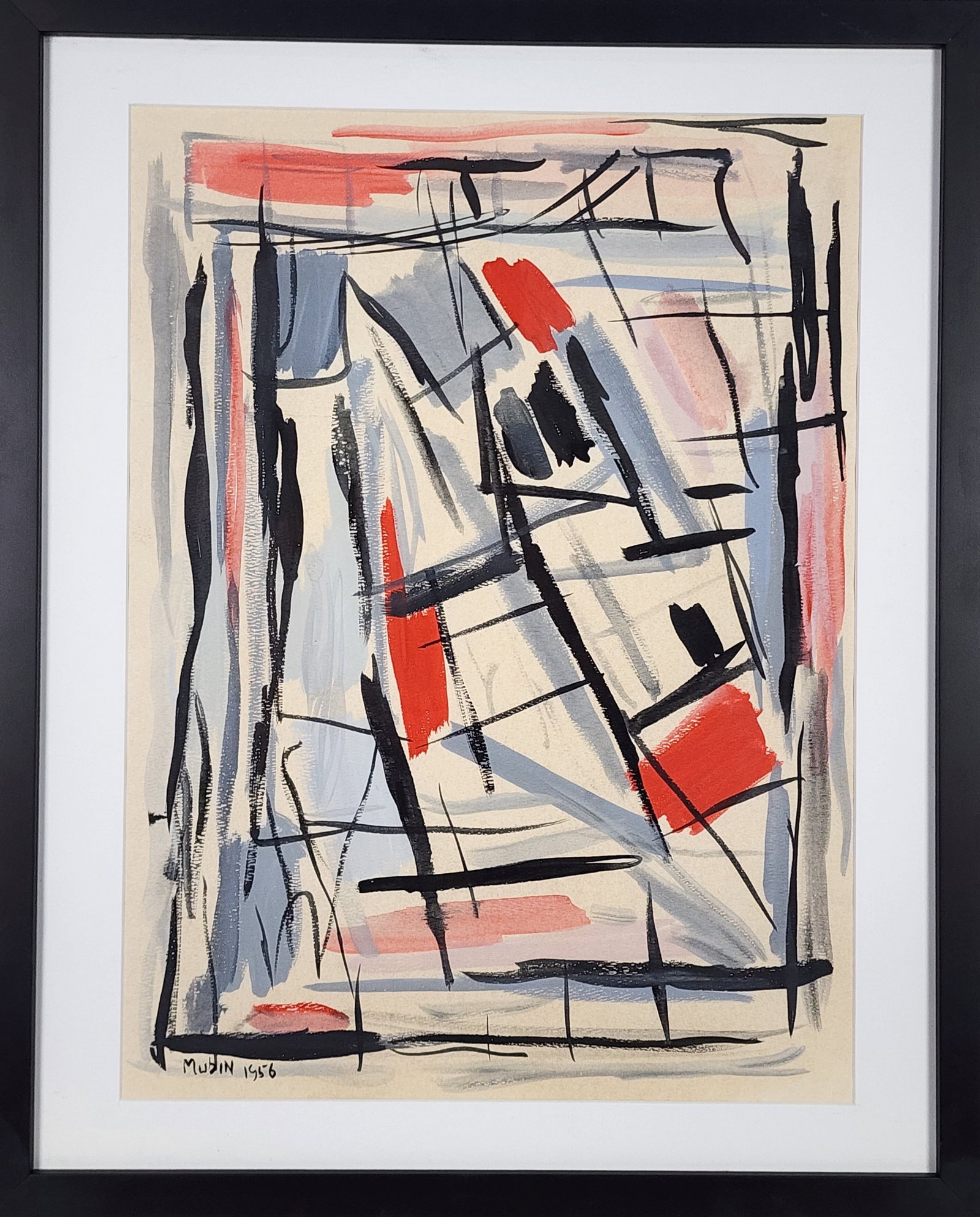 Orhon Mubin (Turkish, 1924-1981) Abstract Composition, Signed Mubin 1956 lower left, Watercolor and: Orhon Mubin (Turkish, 1924-1981) Abstract Composition, Signed Mubin 1956 lower left, Watercolor and Gouache on paper, Sight-18 1/2" x 13 3/4", Framed-23" x 18 3/4"