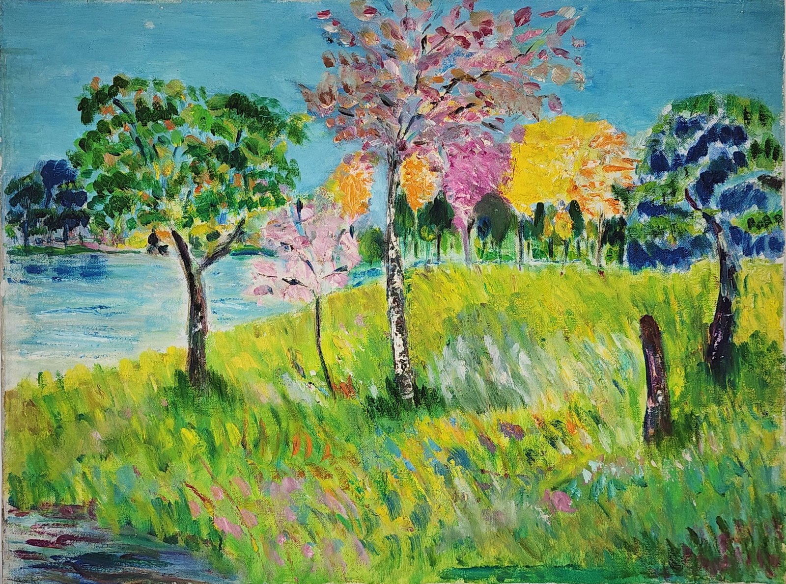 A 20th Century Naive Landscape Oil on canvas Painting, Signed Blaser on back, 18" x 24", unframed.: A 20th Century Naive Landscape Oil on canvas Painting, Signed Blaser on back, 18" x 24", unframed.