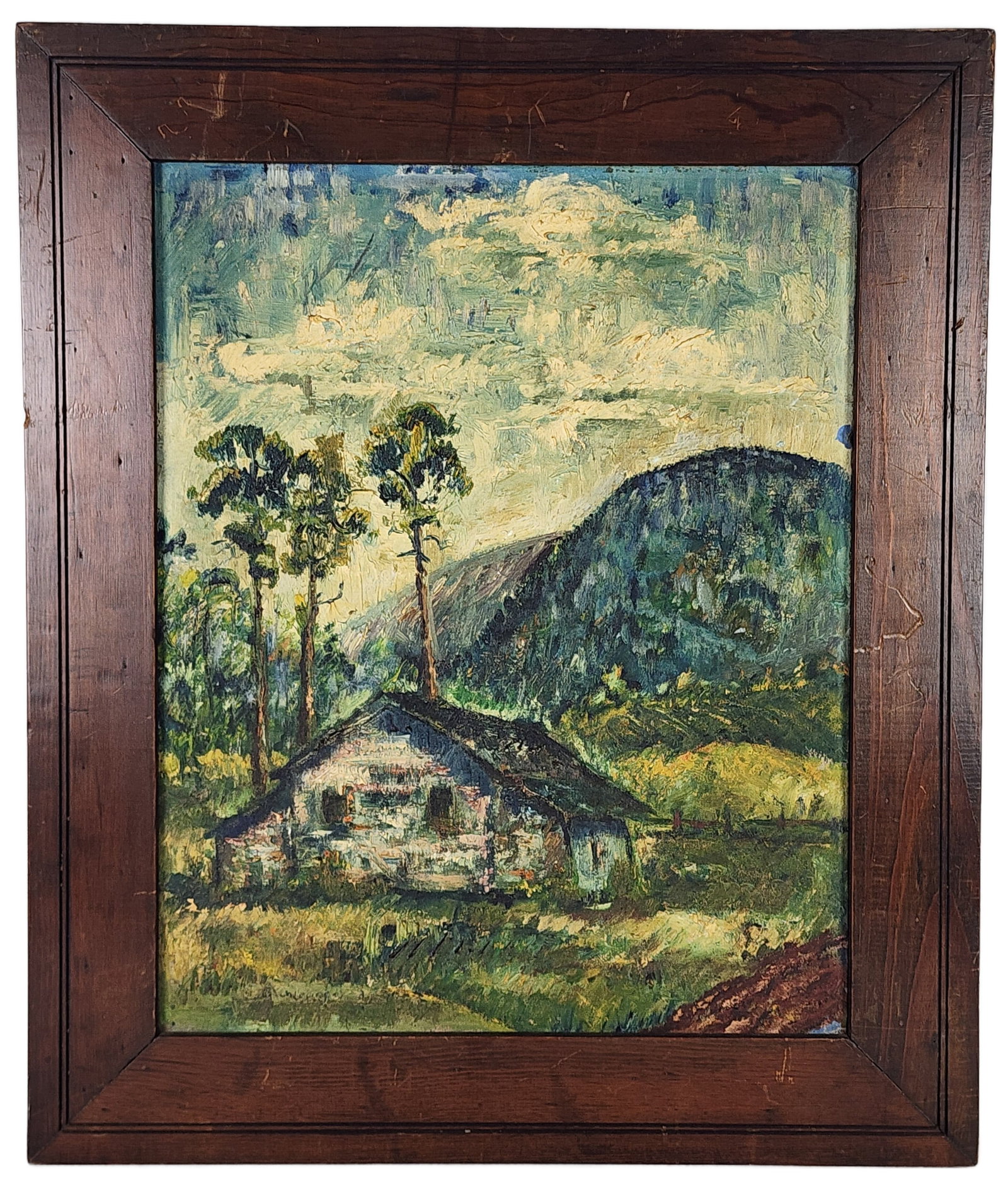 A 20th Century Primitive Painting on Board, Landscape with House and Mountain, Signed illegibly: A 20th Century Primitive Painting on Board, Landscape with House and Mountain, Signed illegibly lower right, Oil on board, 19 3/4" x 15 1/2", Framed-25 1/2" x 21 1/2"