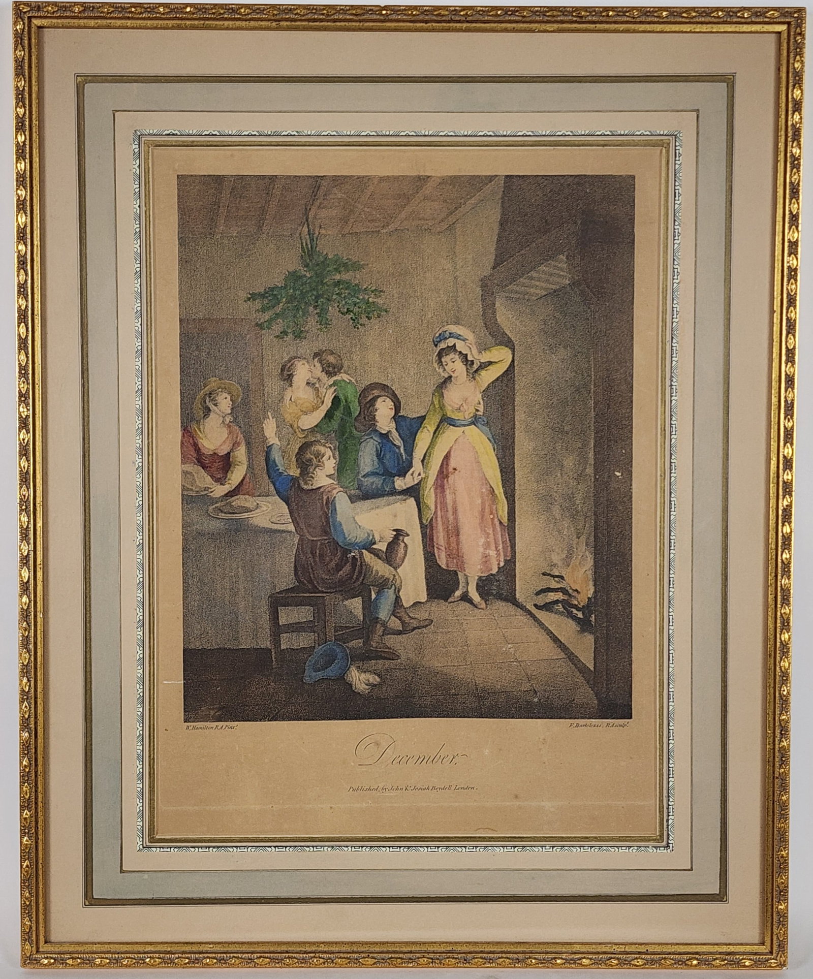 Antique English Hand Colored Mezzotint Print, "December", published by John and Josiah Boydell,: Antique English Hand Colored Mezzotint Print, "December", published by John and Josiah Boydell, London, Sight-15" x 11', Framed-20 3/4" x 16 3/4"