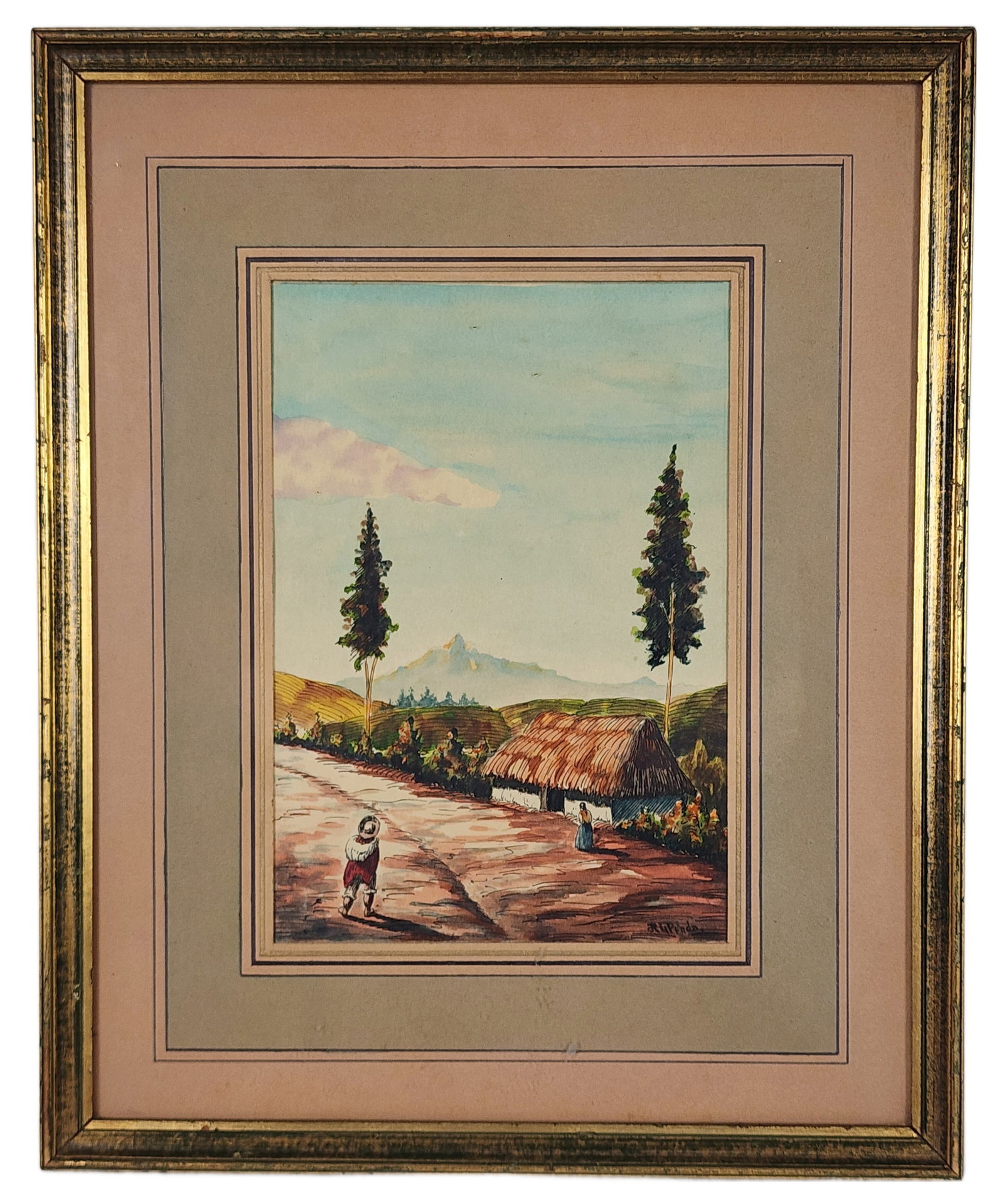 Raul G. Prada (Bolivian, 1900-1991) Country Landcape with Cottage and Figures, Signed R. G. Prada: Raul G. Prada (Bolivian, 1900-1991) Country Landcape with Cottage and Figures, Signed R. G. Prada lower right, Watercolor on paper, Sight-8 1/4" x 5 3/4", Framed-14" x 11 1/2"