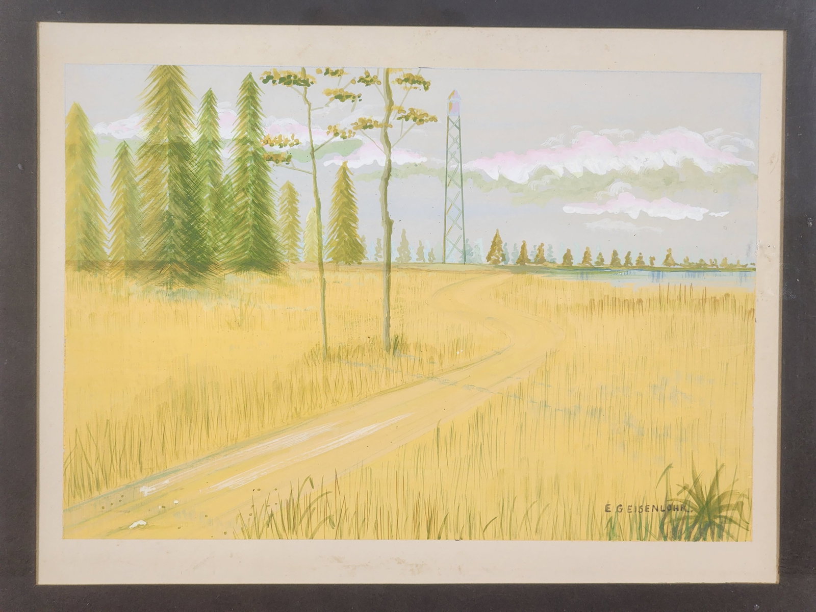 Edward Eisenlohr (American/Texas, 1872-1961) Landscape, Signed E. G. Eisenlohr lower right,: Edward Eisenlohr (American/Texas, 1872-1961) Landscape, Signed E. G. Eisenlohr lower right, Watercolor on paper, 7 1/2" x 11", has margins, Framed-13" x 15"