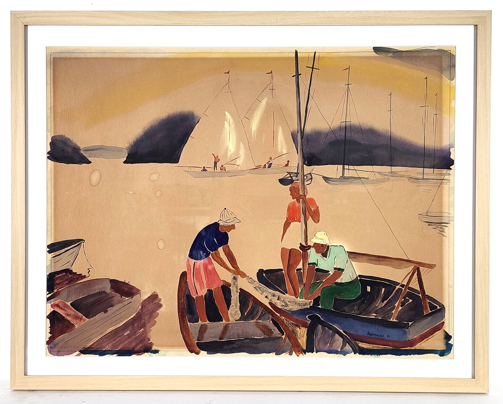 Alberto Morrocco (Scottish, 1917-1998) Figures with Boats, Signed Morrocco '71 lower right,: Alberto Morrocco (Scottish, 1917-1998) Figures with Boats, Signed Morrocco '71 lower right, Sheet-18" x 25", Framed-23" x 29"
