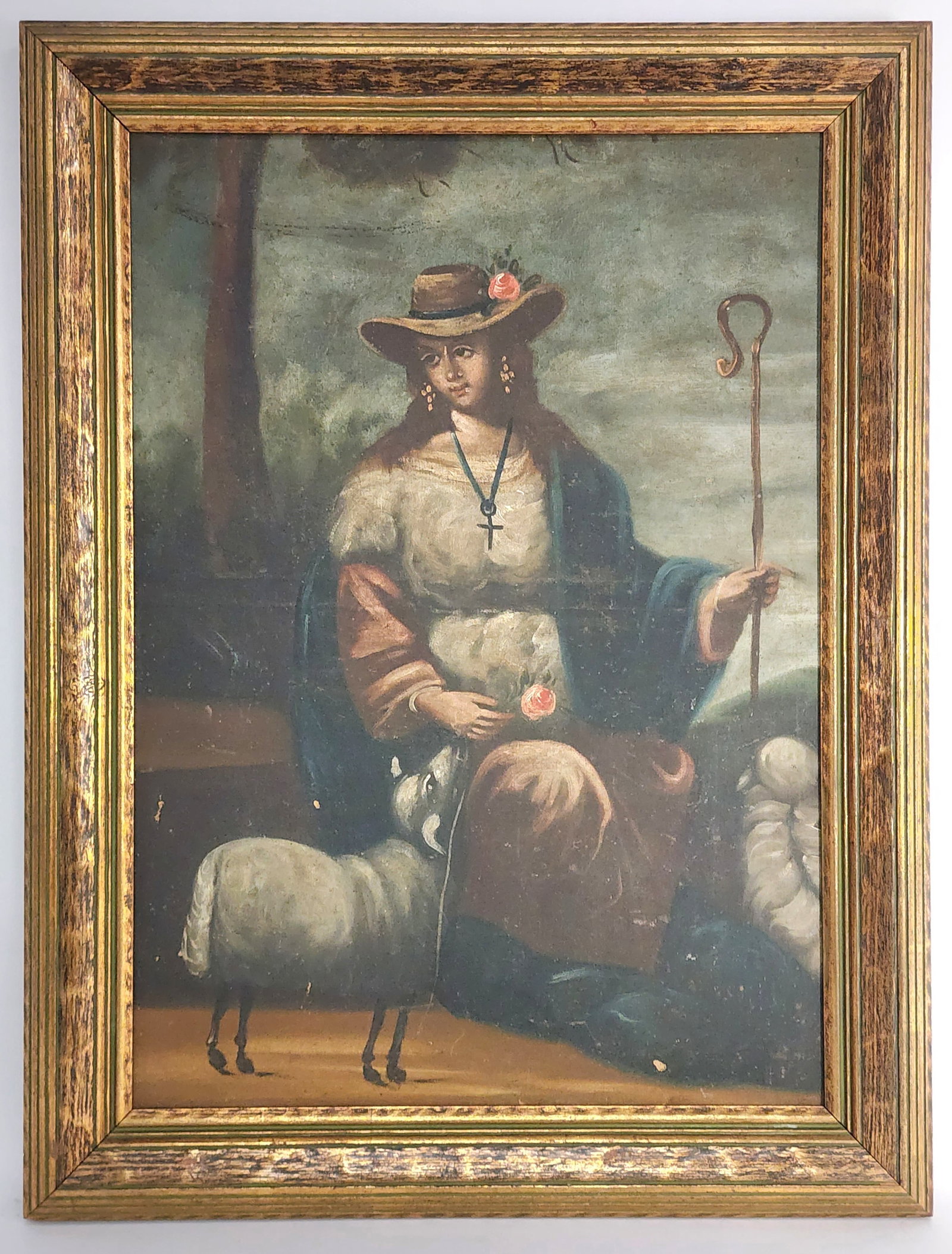Spanish Colonial Oil on Canvas La Divina Pastora, 18th/19th Century, 28" x 20", Framed-33 1/4" x 25: Spanish Colonial Oil on Canvas La Divina Pastora, 18th/19th Century, 28" x 20", Framed-33 1/4" x 25 1/4", surface dirty with several abraisions, will need cleaning.