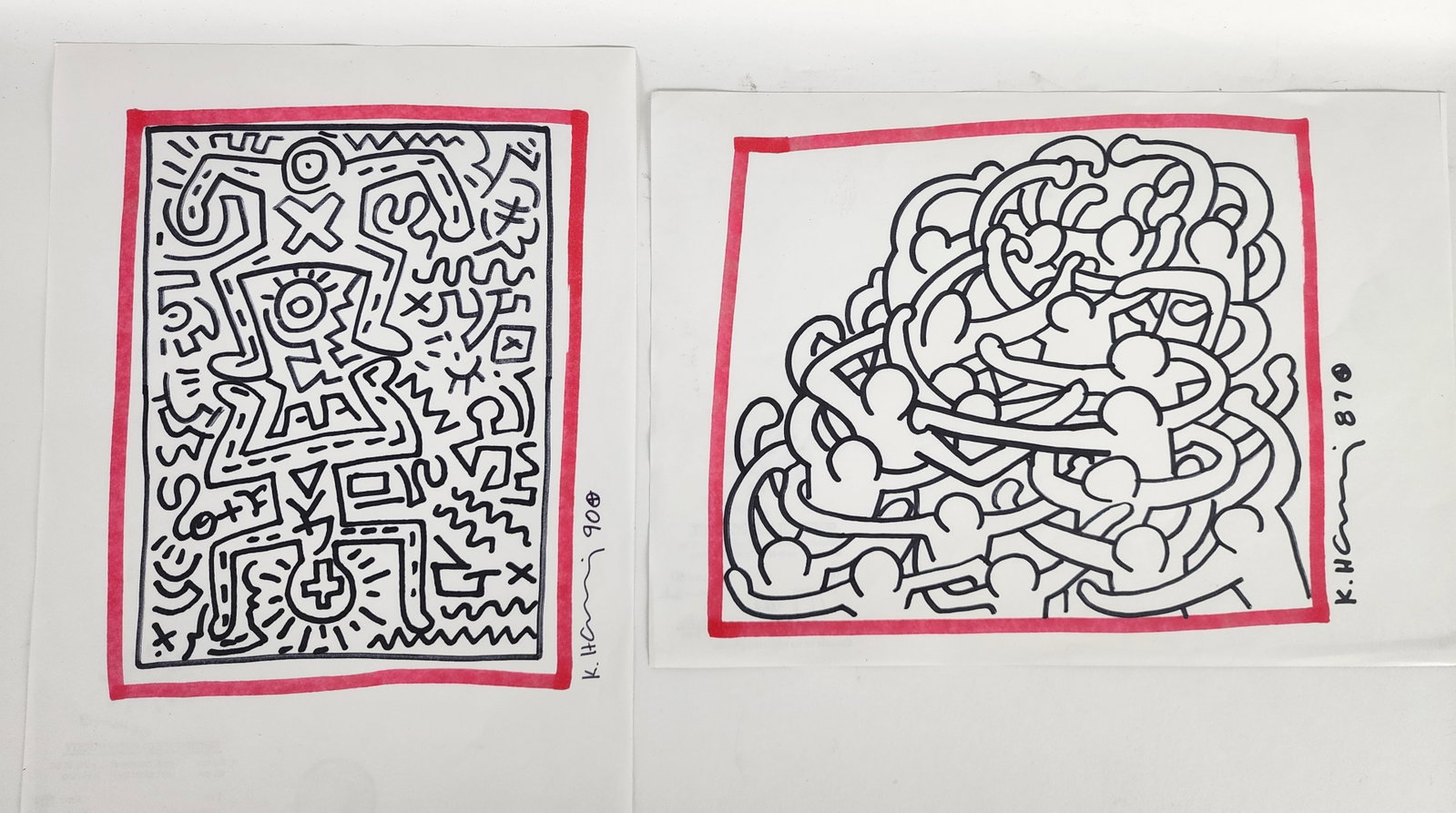 Two Keith Haring (American, 1958-1990) Two Color Marke Drawings, Signed and dated '87 and '90, with: Two Keith Haring (American, 1958-1990) Two Color Marke Drawings, Signed and dated '87 and '90, with the certification stamps to the back, 14 3/8" x 10", loose and unframed.