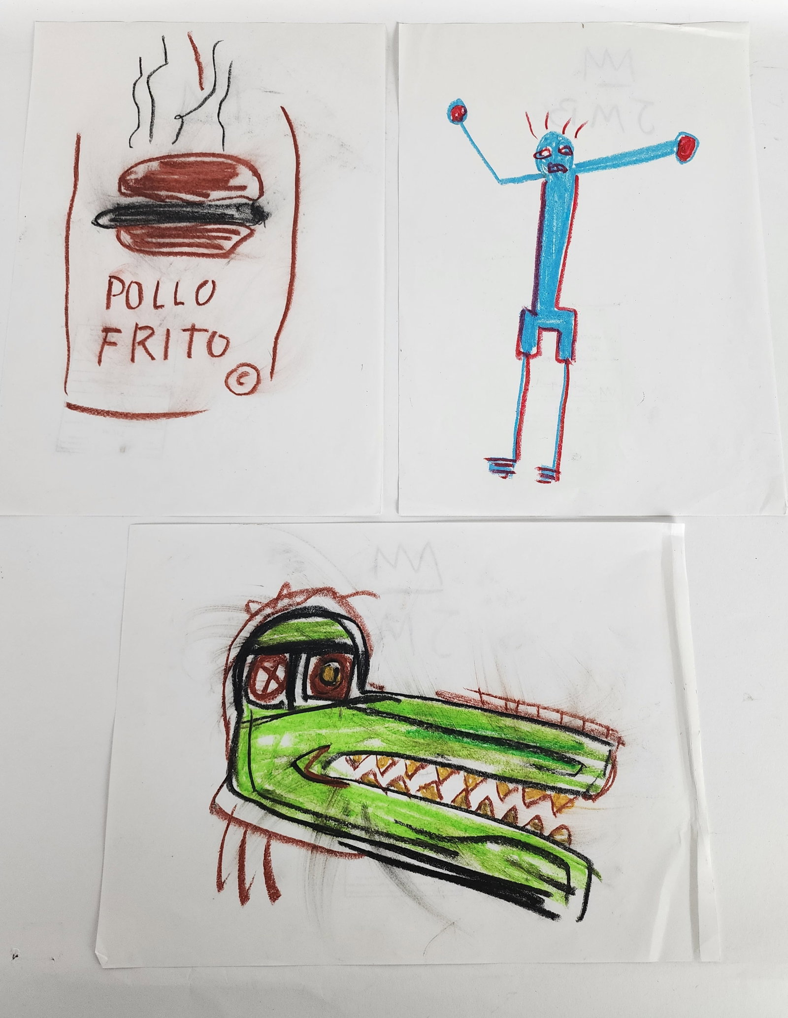 Jean Michel Basquiat (American, 1960-1988) After, Group of Three Drawings on Paper,all bearing the: Jean Michel Basquiat (American, 1960-1988) After, Group of Three Drawings on Paper,all bearing the certification stamp from Gerard Basquiat, each-14 1/4" x 10", loose and unframed.