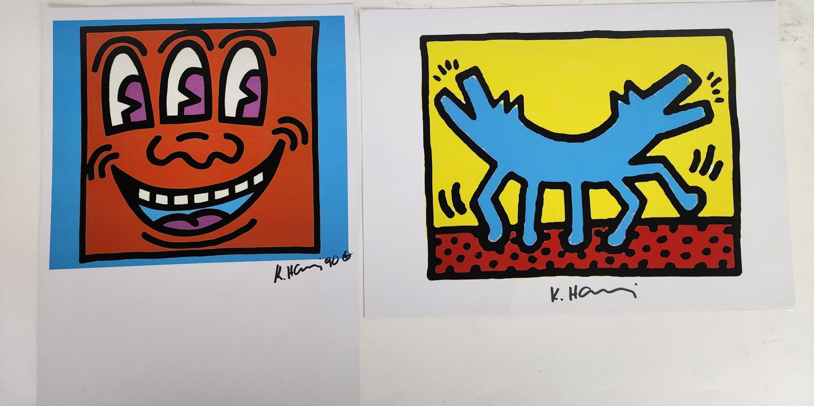 Two Keith Haring American, 1958-1990)Two Pop Shop Color Prints, both signed in black marker, with: Two Keith Haring American, 1958-1990)Two Pop Shop Color Prints, both signed in black marker, with the certification stamps, 17 1/4" x 12 1/2", loose and unframed.