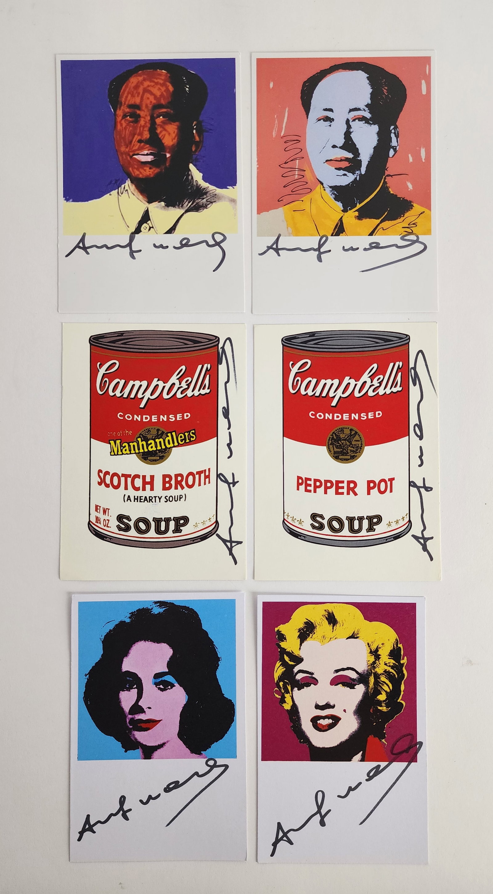 Andy Warhol (American, 1942-1988) After, Group of Six Postcards, Signed in black marker, 4" x 5 3/4": Andy Warhol (American, 1942-1988) After, Group of Six Postcards, Signed in black marker, 4" x 5 3/4"