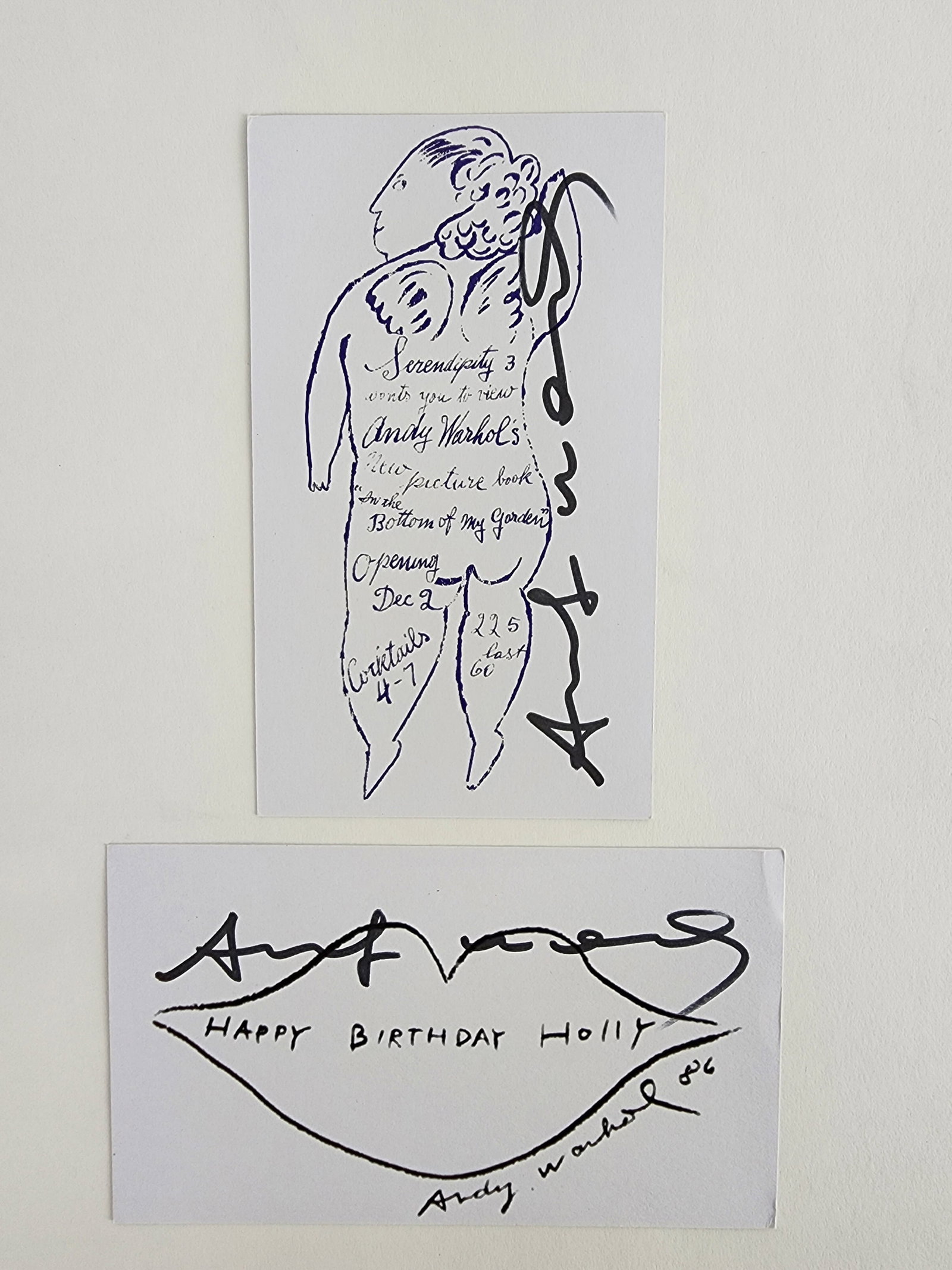 Andy Warhol (American, 1942-1988) After, Two Facsimilie Exhibition Announcement Cards, Signed in (1 of 2)