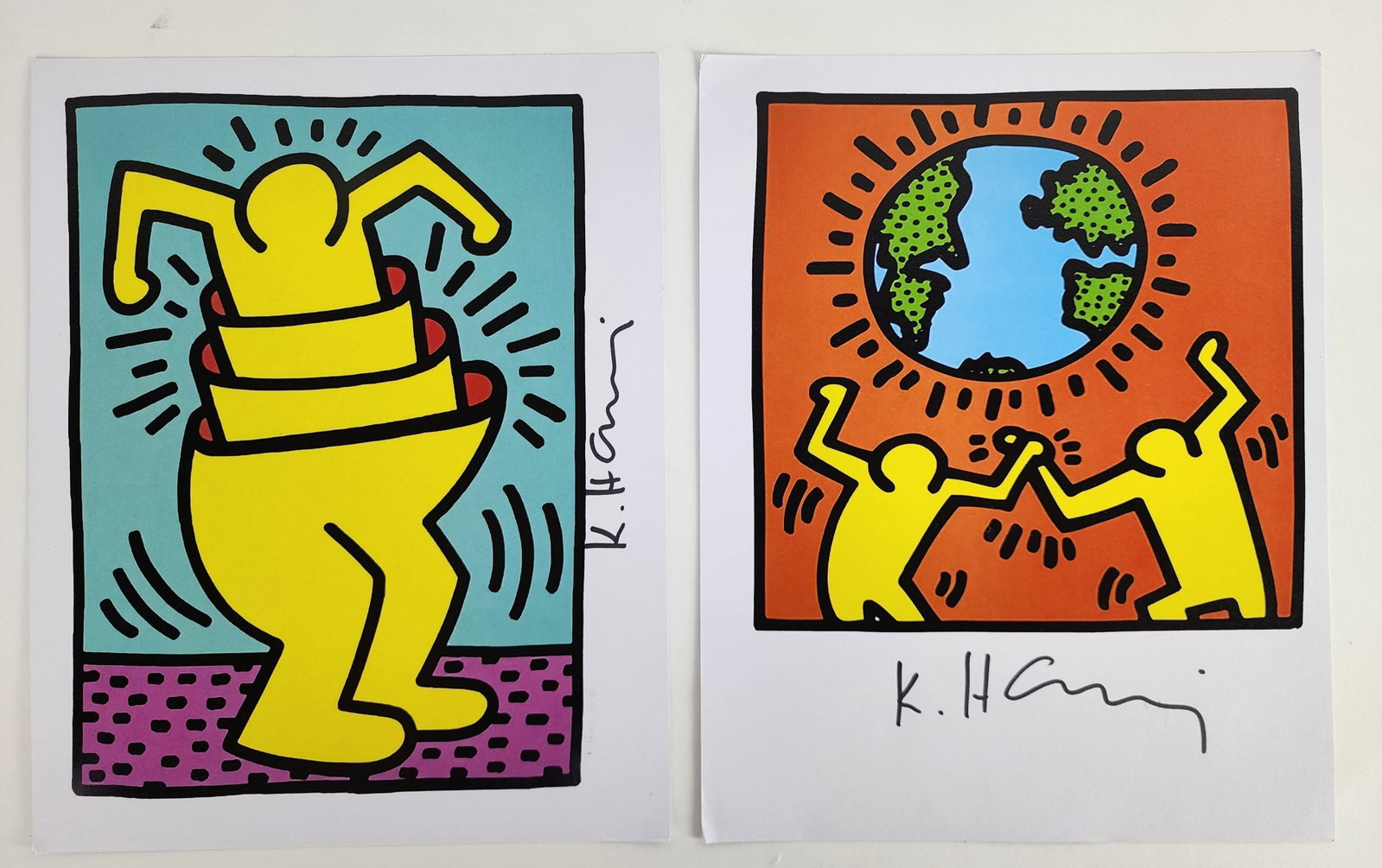 Two Keith Haring (American, 1958-1990) Two Pop Shop Prints, signed in black marker, both bearing the: Two Keith Haring (American, 1958-1990) Two Pop Shop Prints, signed in black marker, both bearing the Pop Shop stamp on back, 11 3/4" x 9 1/2", loose and unframed.