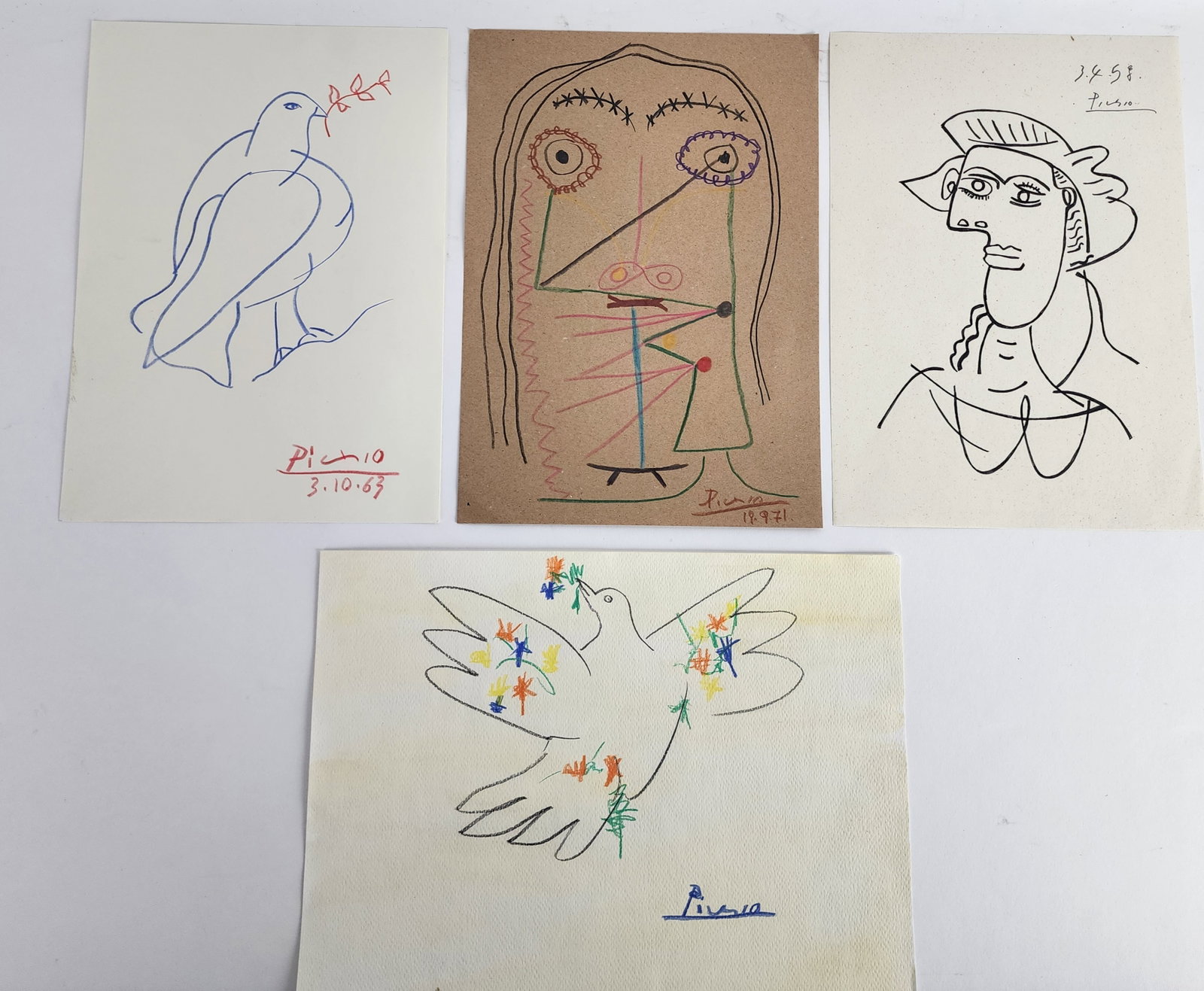 Group of Four Color Prints of Drawings After Pablo Picasso, printed signtures, 11 3/4" x 8 1/2" and: Group of Four Color Prints of Drawings After Pablo Picasso, printed signtures, 11 3/4" x 8 1/2" and 9 1/2" x 12 3/4", loose and unframed.