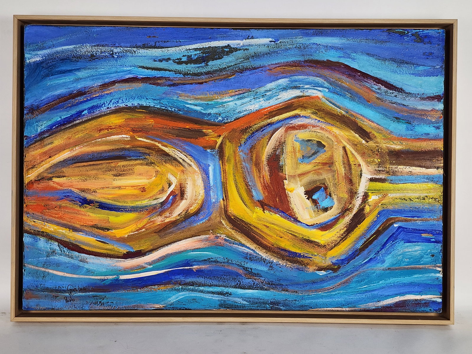 Gazbia Siriq (Egyptian, 1925-2021) Untitled, Signed Gazbia and inscribe Piralo lower left, Oil on: Gazbia Siriq (Egyptian, 1925-2021) Untitled, Signed Gazbia and inscribe Piralo lower left, Oil on canvas, 21 3/4" x 32", Framed-23 1/4" x 33 5/8", Note: The artist is a major Egyptian modernist. Sirry