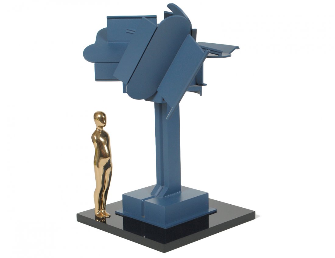 ERNEST TROVA (American. 1927-2009): "Av Tree with Man". Painted Steel and Gilt Bronze on a Black Plexi Base. Height 12 1/4". (2000/3000)