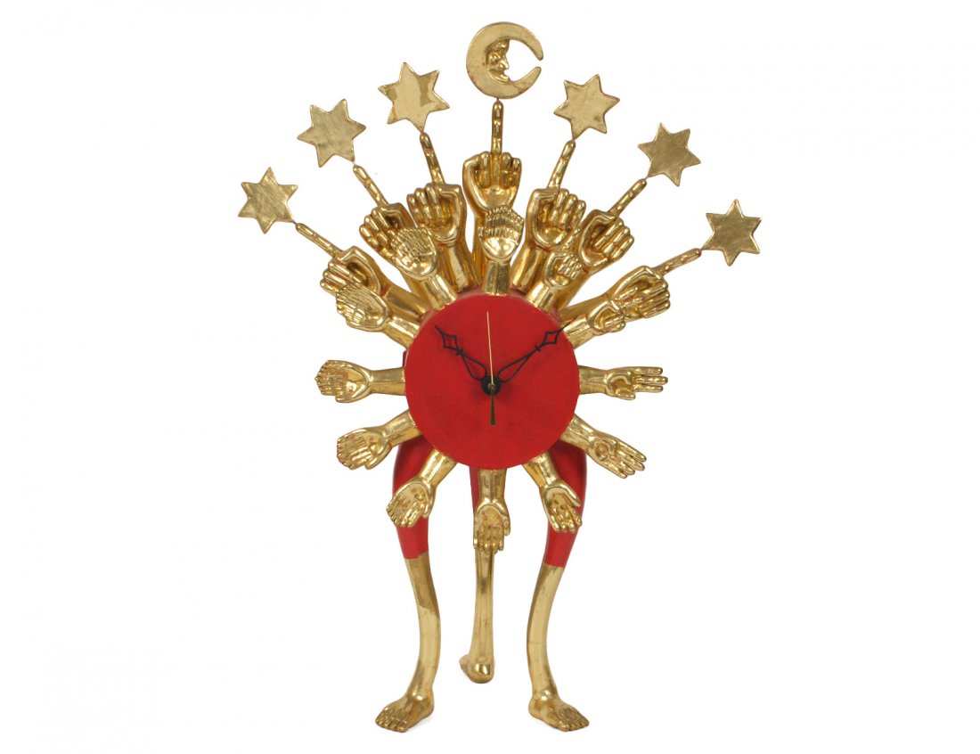 PEDRO FRIEDEBERG (Mexican. Born 1937): "Red & Gold Clock". Signed inside case. Painted and Gilt Wood. Height 22 1/4". (3000/5000)