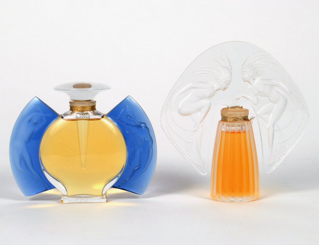 TWO LALIQUE CRYSTAL PARFUME BOTTLES: From the Flacon collection. Comprising: "Ondine", height 5 1/4" and "Jour et Nuit". height 3 3/4". (700/900)