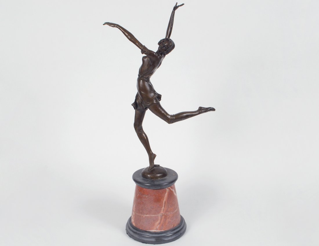 AFTER BRUNO ZACH (Austrian. 1891-1935): "Dancing Maiden". Cast signature and with foundry stamp. Bronze with Brown Patina. Height 18 1/2". Mounted on a marble base. (300/400)
