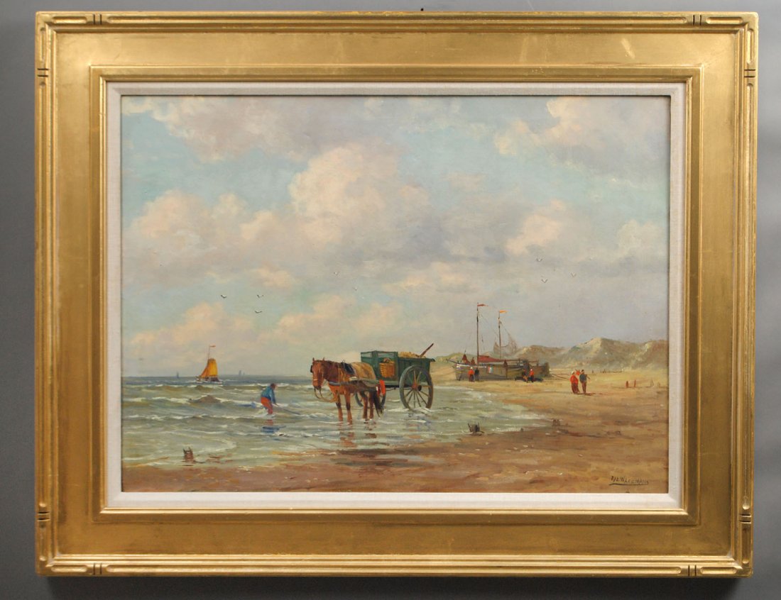 PIETER JOHANNES A. WAGEMANS (Dutch. 1879-1955): "Low Tide with Boats, Horse Cart and Clam Diggers". Signed l/r. Oil on Canvas. Measuring 23 3/4" by 31 3/4". Gilded and carved frame. (Cond: canvas has several small patches) (700/900)