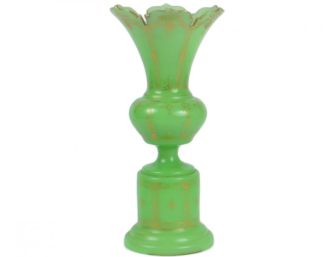 GREEN OPALINE GLASS VASE: European. Highlighted with gilt. Height 13 1/2". (200/250)