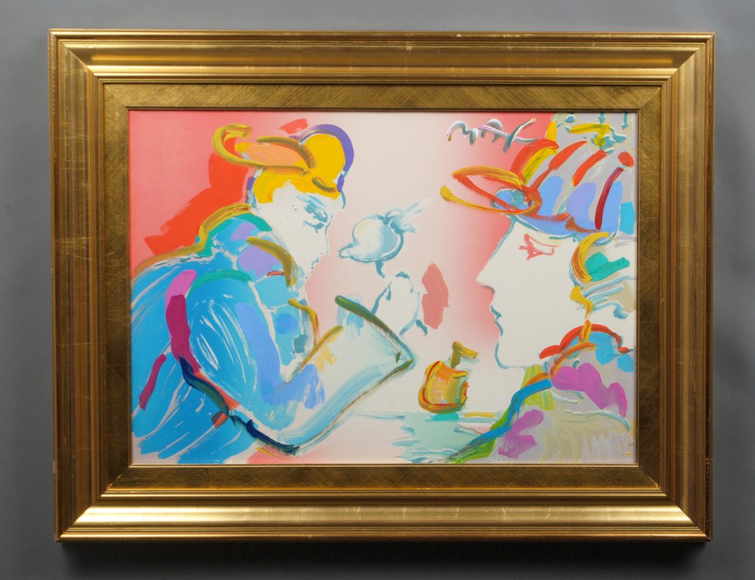 PETER MAX (American. Born 1937): "Zero in Yellow Hat with Profile of Lady". Signed "Max" u/r. Acrylic on Canvas. Measuring 21" by 29 1/4". Gilded frame. (Cond: good) (1200/1600)