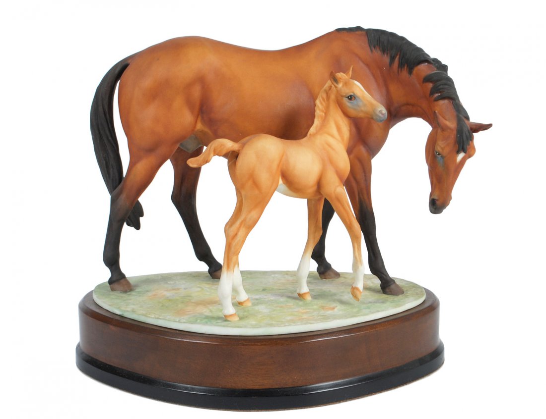 ROYAL WORCESTER PORCELAIN GROUP "PRINCESS GRACE & FOAL": English. Model No. 3871. Designed by D. Lindner. Limited Edition of 750. No. 495. Height 8". With wood stand. (300/400)