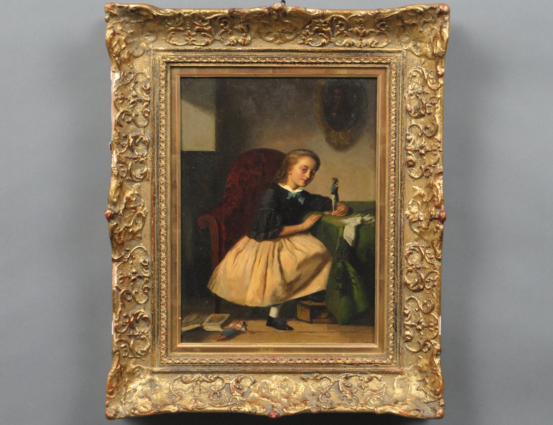 JOHN GRAU (English. 1842-1906): "Genre Scene with young Child and Dolls". Signed l/r. Oil on Panel. Measuring 10 3/4" by 7 3/4". Framed. (Cond: good) (500/700)