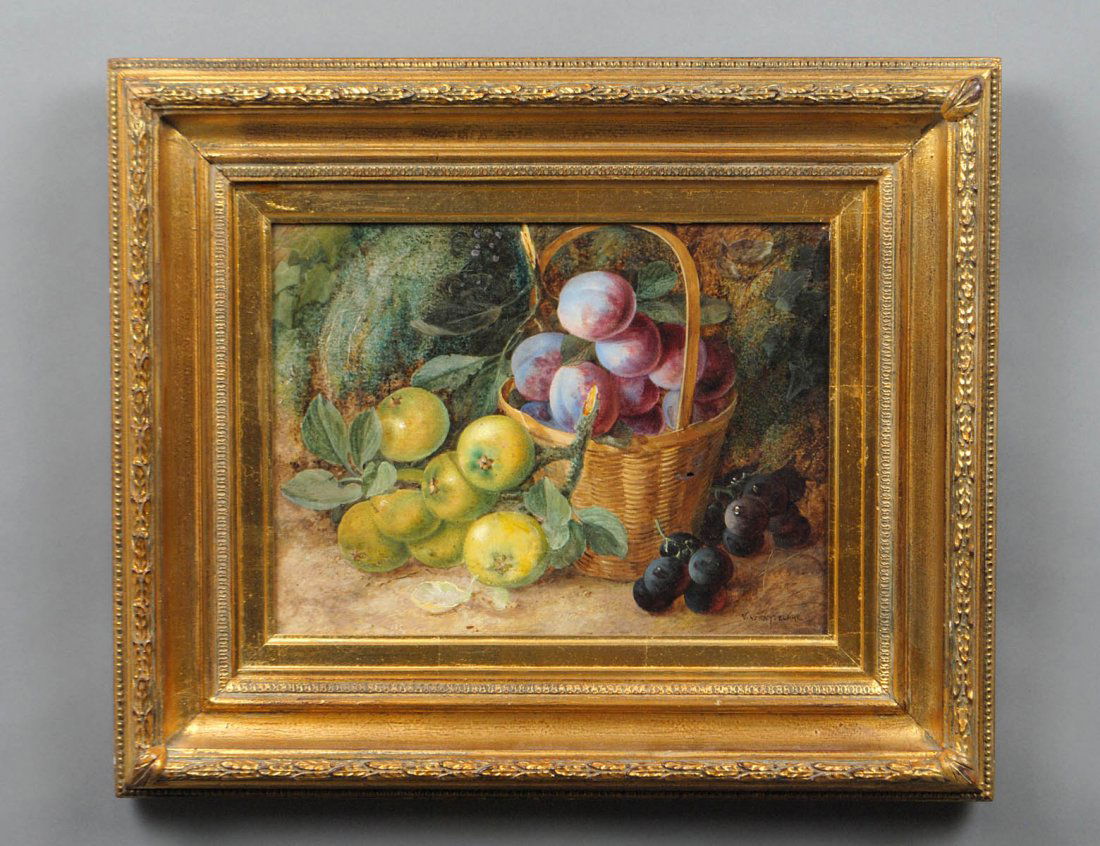 VINCENT CLARE (English. 1850-1930): "Still Life of Plums and Grapes". Signed l/r. Oil on Canvas. Measuring 9 1/8" by 12 3/4". Gilded frame. (Cond: has small hole, will need repair, could use cleaning) (600/800)