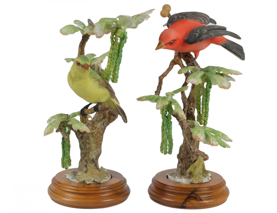 PAIR OF D. DOUGHTY PORCELAIN "SCARLET TANAGER COCK & HE: English. 1954. By Royal Worcester. Limited Edition of 500. With wood stands. Heights 11 1/2" and 11 3/4" (500/700)