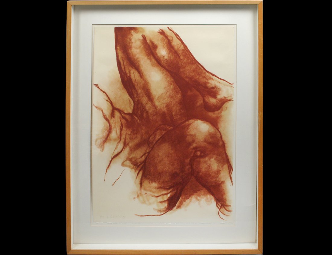 LUIS CABALLERO (Colombian. 1943-1995): "Male Torso". Signed, dated '85 and numbered 11/50 in pencil l/l. Lithograph. Sheet measuring 38 1/4" by 26 3/4". Wood frame, under glass. (Cond: good) (300/400)