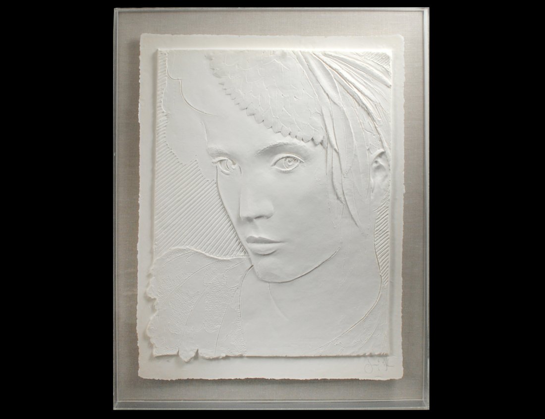 FRANK GALLO (American.Born 1933): "Boy's Head". Signed l/r and numbered 105/200 l/l. Cast Paper Relief. Paper measuring 56 1/2" by 45 1/2". Mounted in a Plexiglas shadowbox frame. (Cond: good) (300/400)