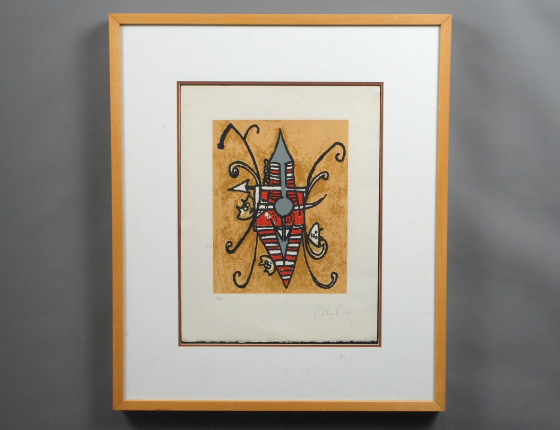 WILFREDO LAM (Cuban. 1902-1982): "Untitled". Signed in pencil l/r margin and numbered 65/99. Offset Lithograph. Image measuring 12 1/2" by 9 3/4". Sheet measuring 18 5/8" by 14 1/4". Wood frame, under glass. (Cond: light foxing in th