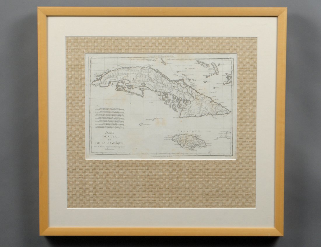 ANTIQUE MAP OF ISLES DE CUBA ET DE LA JAMAIQUE: Par M. Bonne, Ingenieur-Hydrographe de la Marine. Sight measuring 10 1/4" by 14 1/4". Wood frame, under glass. (Cond: center folding crease, some staining) (100/150)