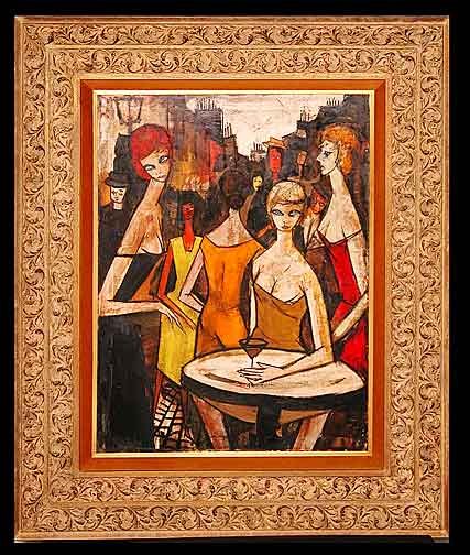 Charles Levier French (b1920- ) O/C: Charles Levier French (b1920- ) Oil On Canvas "Night Life Cafe" Signed Lower Right. Measures 40 Inches by 30 Inches. Artists Original Label En Verso. We Cannot Ship This Item Because of its Size, Plea