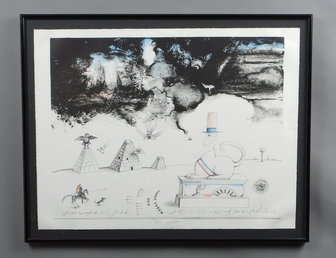 SAUL STEINBERG (American. 1914-1999): "San's Art (from New York International)". Circa 1966. Signed and #4/100 in pencil in the lower margin. Lithograph. Image measuring 15 3/8" by 19 1/2". Sheet measuring 17" by 22". Framed behind glass.