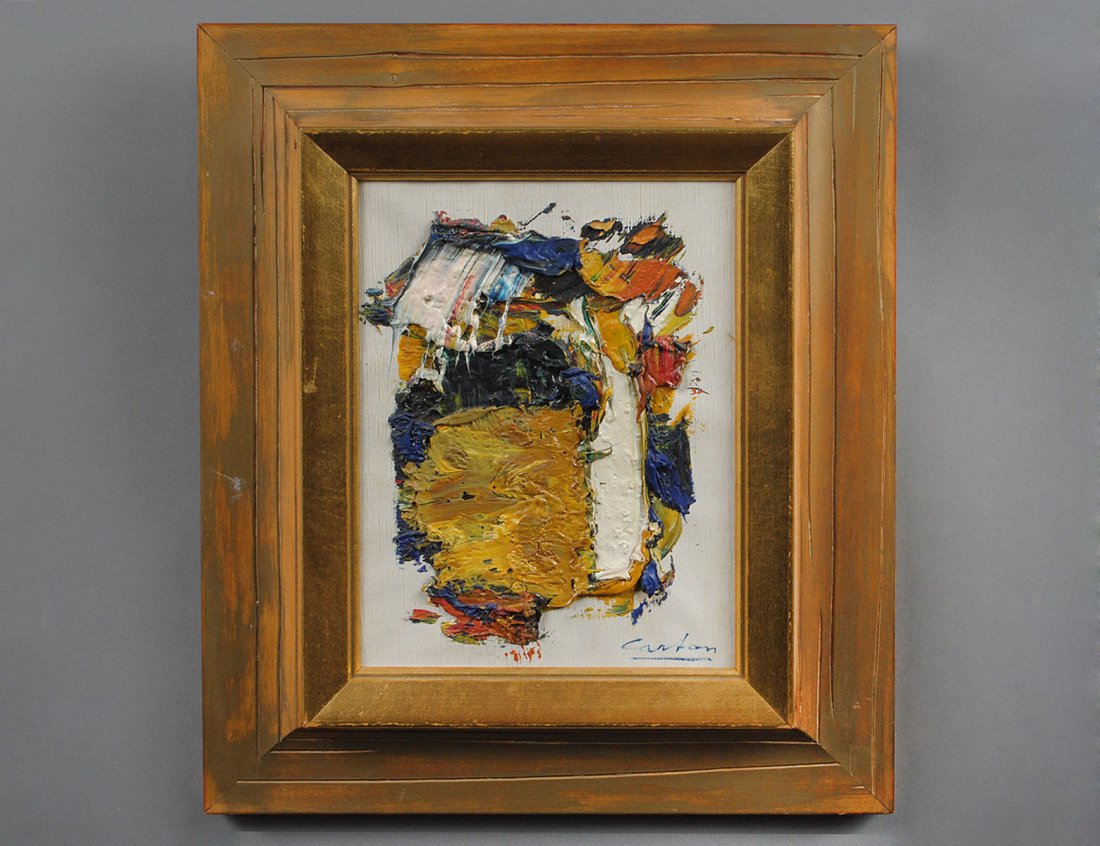 NORMAN CARTON (American. 1908-1980): "Island". Signed l/r. Verso bears old label with artist's name, title and dated 1957 tipped to stretcher and bearing artist's stamp. Oil on Canvas. Measuring 8" by 5". Framed. (Cond: good) (300/400)