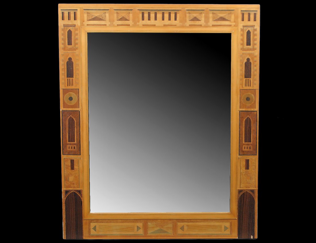 VENETIAN INSPIRED MARQUETRY MIRROR: English. 1987. Designed by David Linley & Matthew Rice. Limited Edition 21/25. Made by David Linley Furn. Ltd., London. Made of Macassar, ebony, Swiss pear and various sycamore. Measuring 40 1/8" by 3