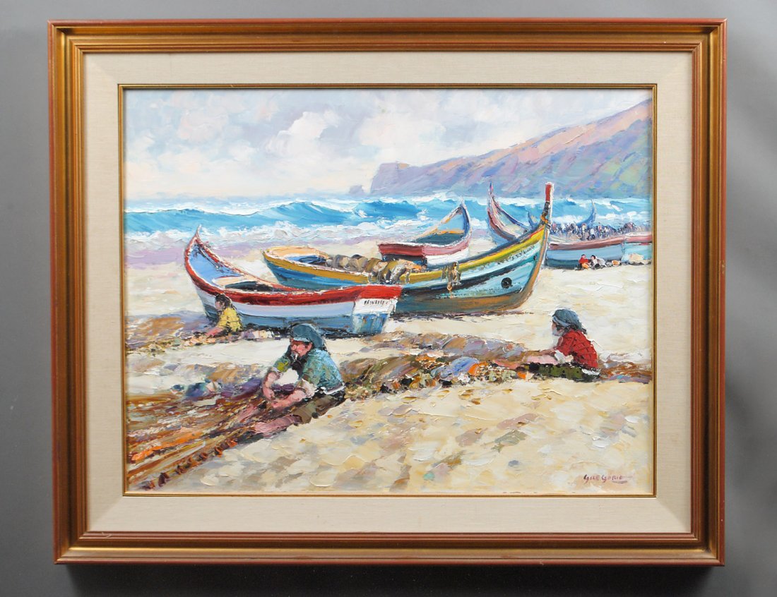 GREGORIO MANUEL PEREIRA (Portuguese. Born 1931): "Before the Catch". Signed "Gregorio" l/r. Oil on Canvas. Measuring 22" by 28". Gilded frame. (Cond: good) (300/400) Provenance: Wally Findlay Galleries, Palm Beach, FL