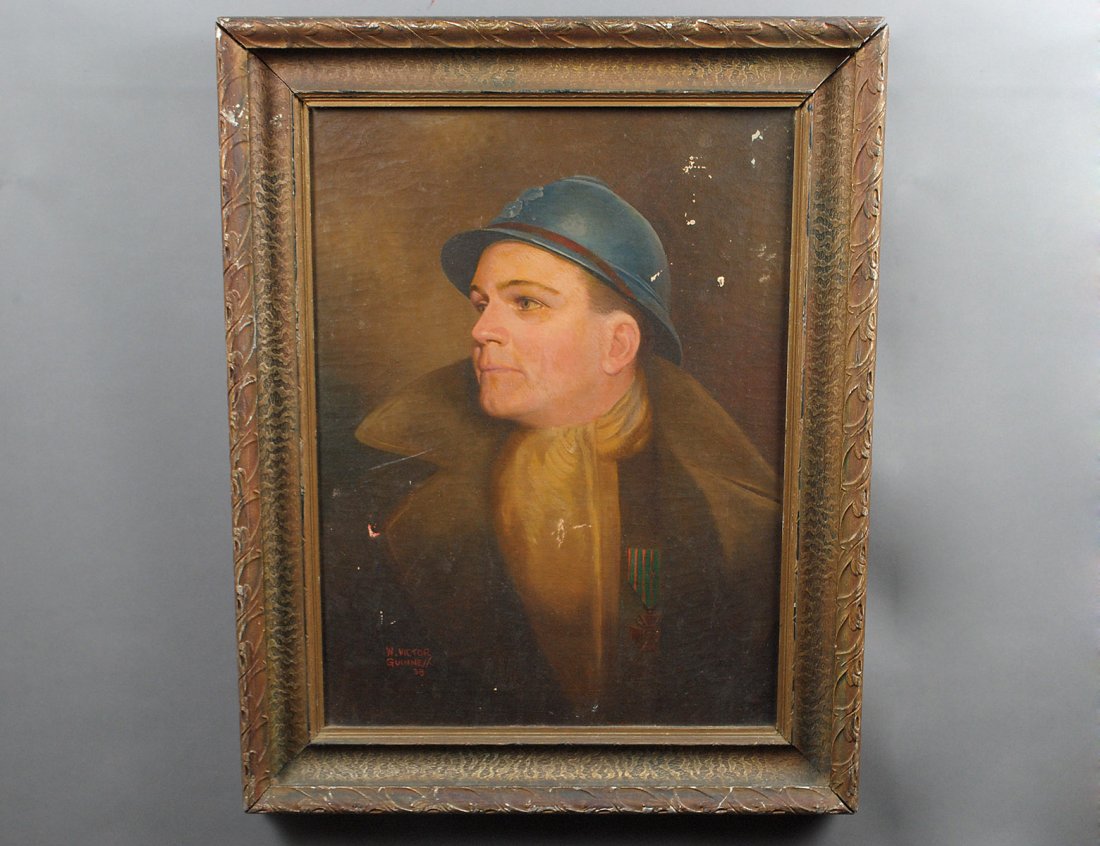 W. VICTOR GUINNELL (Early 20th Century): "Portrait of a Military Man". Signed and dated '38 l/l. Oil on Canvas. Measuring 24" by 18". Period gesso cast frame. (Cond: has abrasions, losses to paint, surface dirty, will need repair) (150/250)