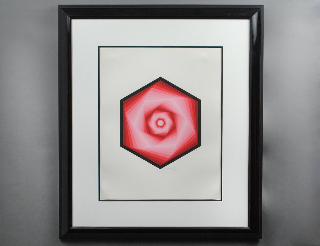 VICTOR VASARELY (French/Hungarian. 1908-1997): "Untitled". Signed "Vasarely" and numbered 38/300 in pencil. Lithograph. Sheet measuring 22" by 17 1/4". Framed behind glass. (Cond: good) (250/350)
