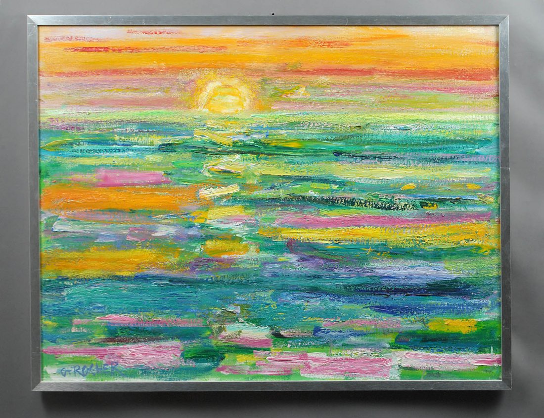 GEORGES ROCHER (French. 1927-1984): "Sunset". Signed l/l. Oil on Canvas. Measuring 28 1/2" by 36 1/2". Framed. (Cond: good) (700/900) Provenance: Wally Findlay Gallery, Palm Beach, FL
