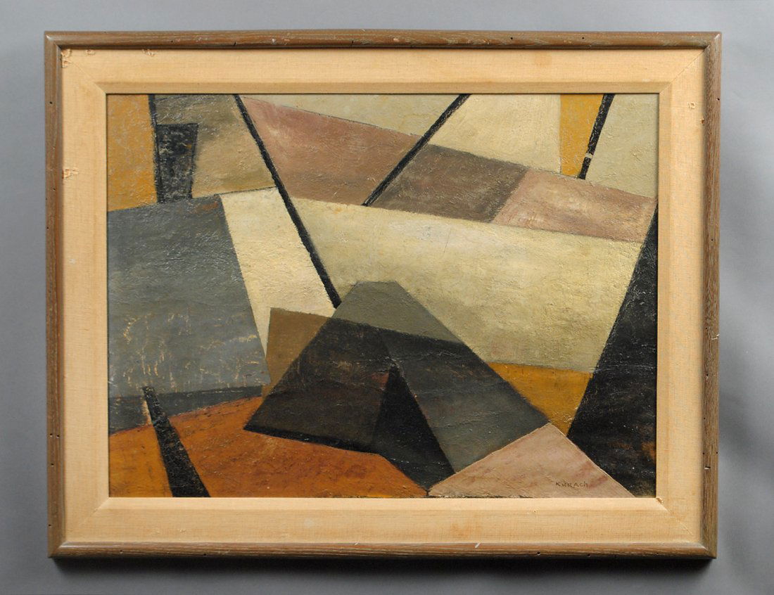 IVAN KURACH (Russian/Italian. 1909-1968): "Abstraction". Signed "Kurach" l/r. Oil on Canvas on Masonite. Measuring 18" by 24". Framed. (Cond: some fine crazing, could use cleaning) (300/400)