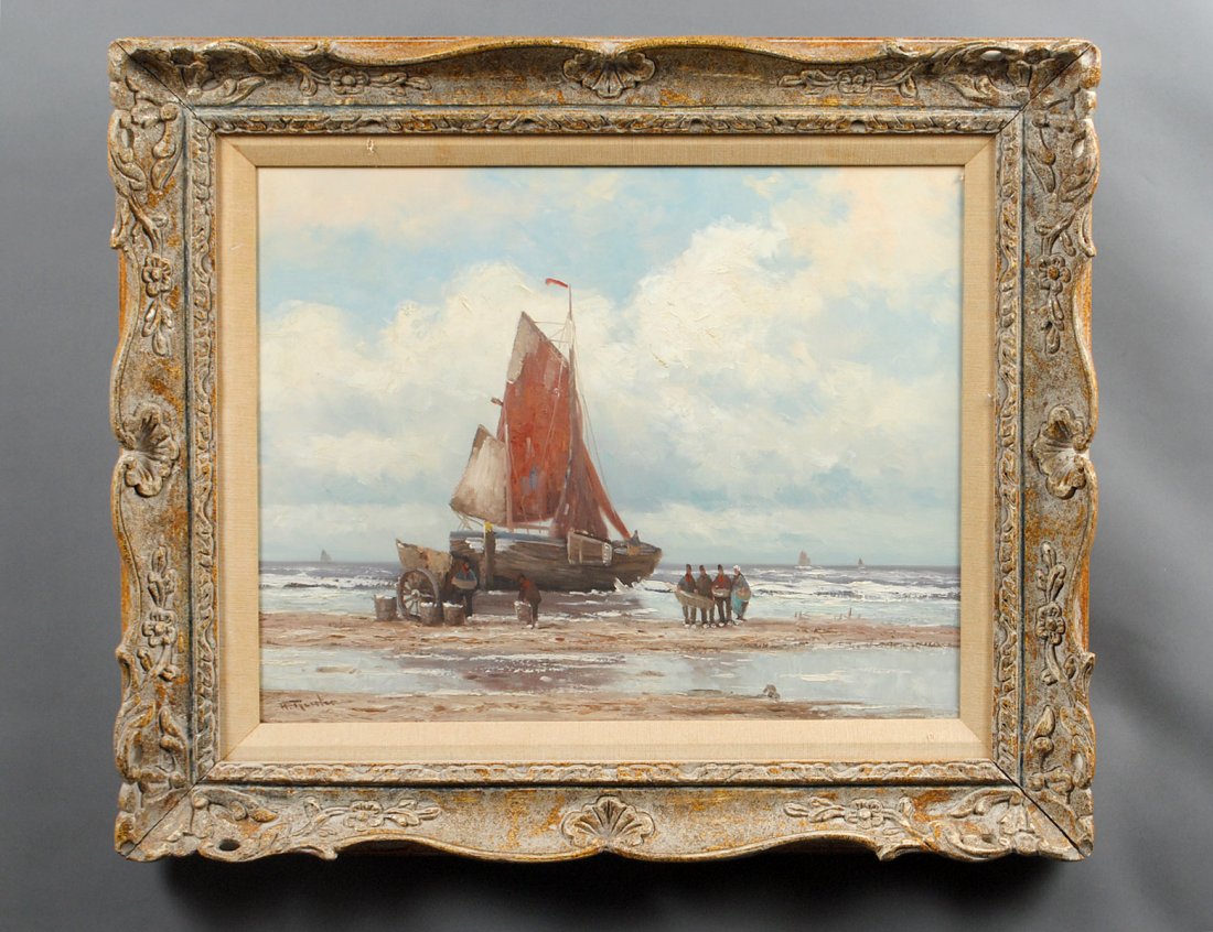 H. REUTER (Early 20th Century): "Low Tide with Clam Diggers". Signed l/l. Oil on Canvas. Measuring 16" by 20". Rococo style frame. (Cond: good) (200/300)