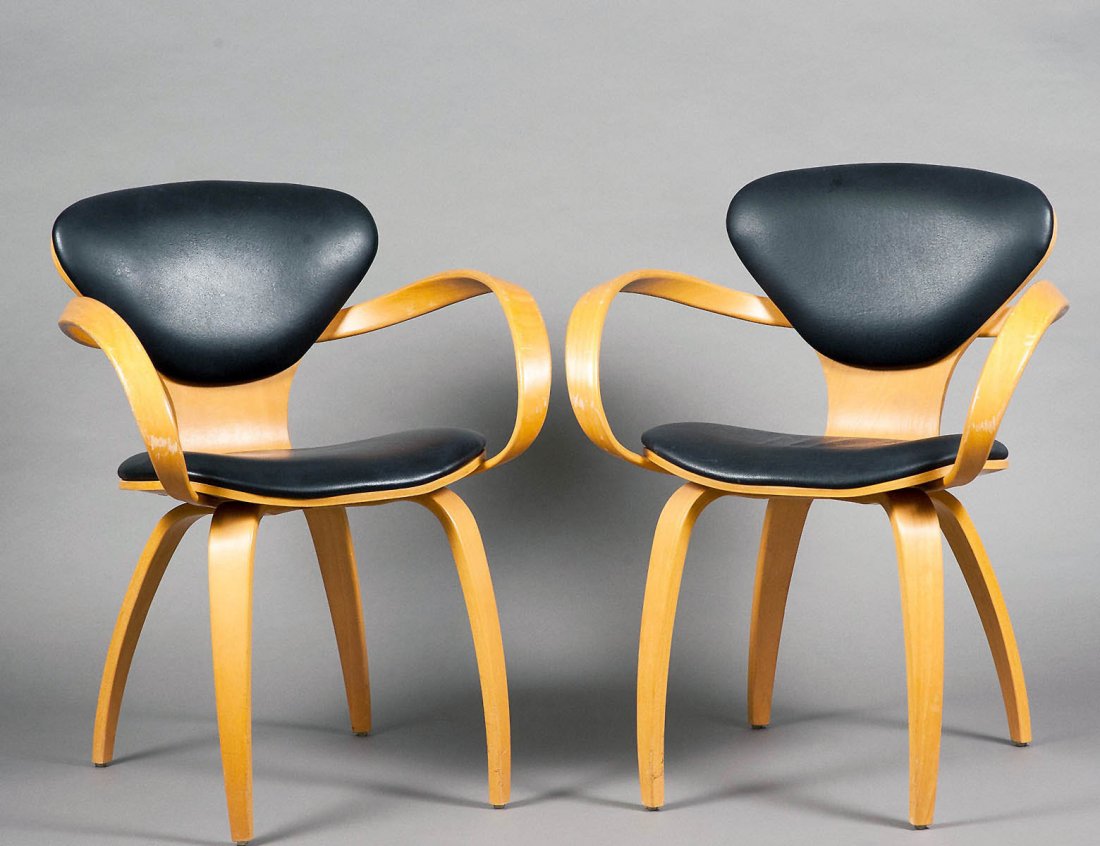 SET OF FOUR "PRETZEL" ARM CHAIRS: American. By Plycraft. Rockwell II Model inspired by Paul Goldman's Cherner chair. (400/600)