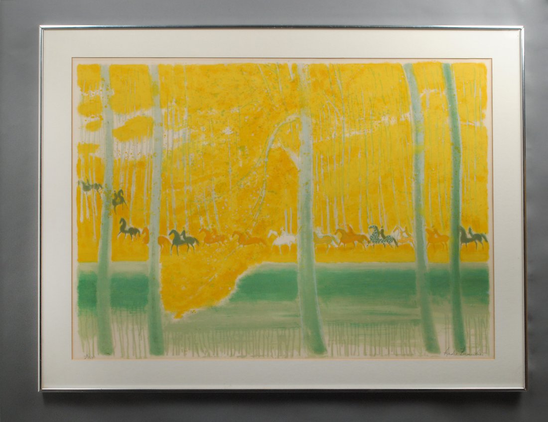 ANDRE BRASILIER (French. Born 1929): "Untitled". Signed in pencil and numbered 29/300 in the lower image. Color Lithograph. Sight measuring 29 1/4" by 40 1/2". Framed behind Plexiglas. (Cond: good) (600/900)