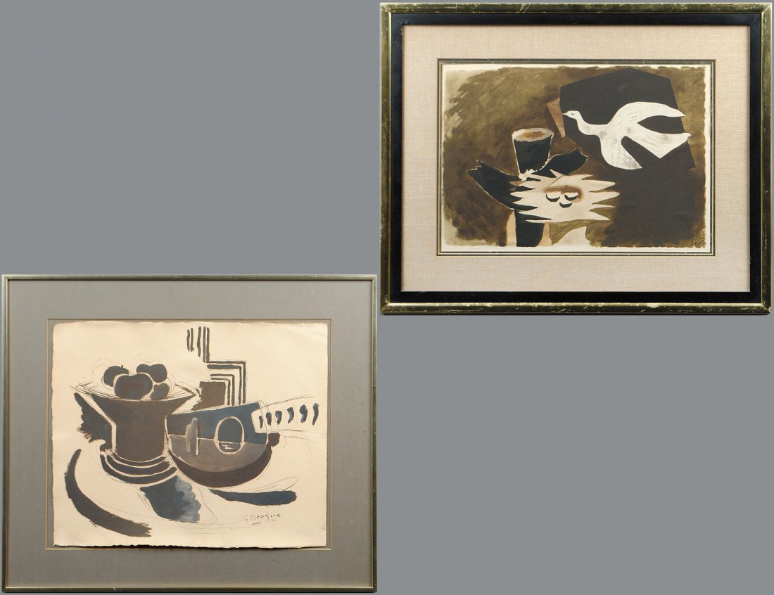 GEORGES BRAQUE (French. 1882-1963): "L'Oiseau et Son Nid". Signed "G.B." in the stone l/r image. Published by Maeght, from an edition of 300. Lithograph. Sight measuring 13 1/2" by 19". Framed behind glass. Together with "Le Mandoline".