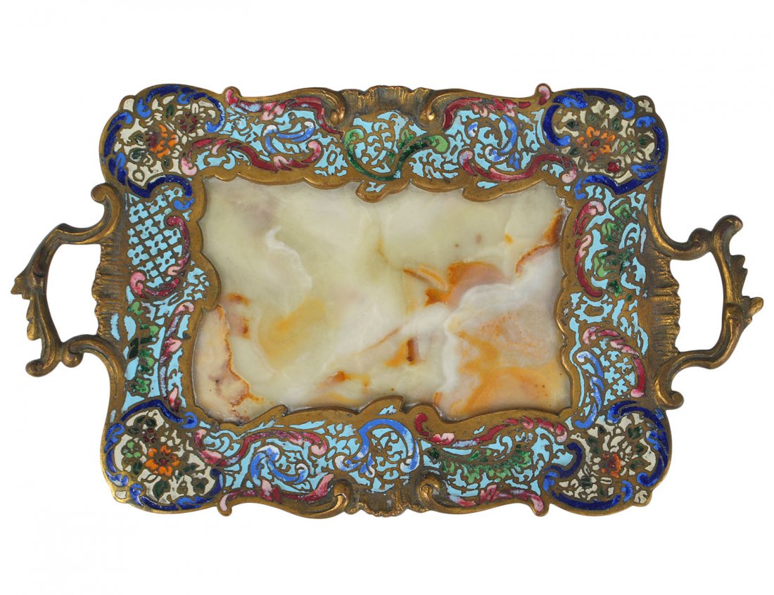 GOOD GILT BRONZE, CHAMPLEVE AND MARBLE TRAY: French. Circa 1890. With foliate design. Length 10 7/8". (300/400)