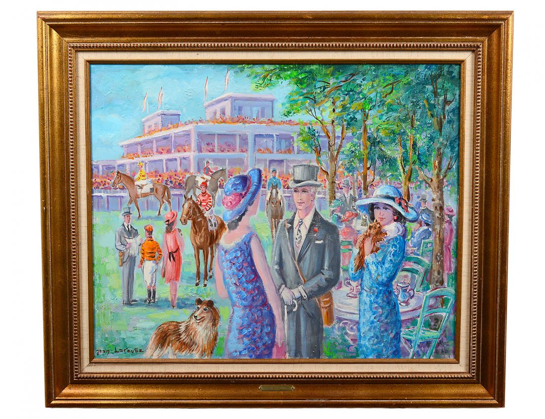 JEAN LAREUSE (French. Born 1925): "Paddock a Longchamp". Signed l/l. Verso signed and titled by the artist. Oil on Canvas. Measuring 20 3/4" by 25 3/4". Framed. (Cond: good) (300/500)