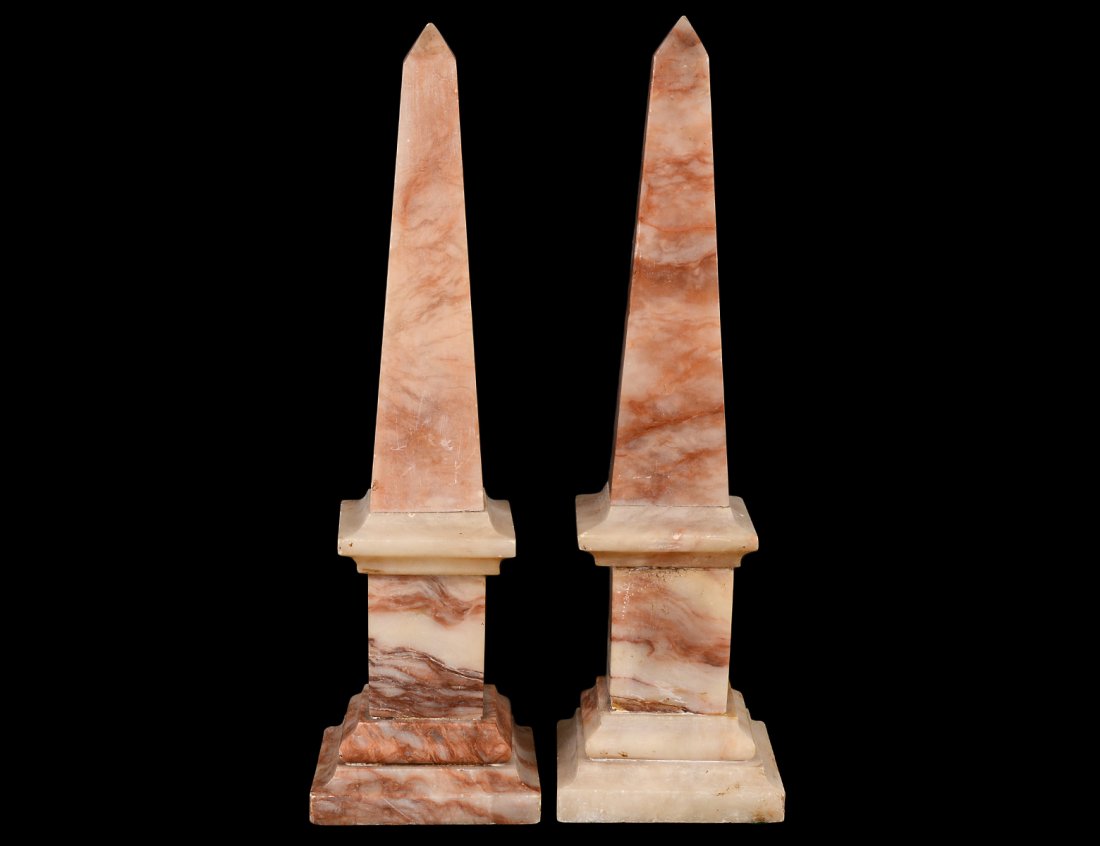 PAIR OF ALABASTER OBELISKS: Probably Italian. 20th Century. Height 15 3/8". (Cond: minor scratches) (250/350)