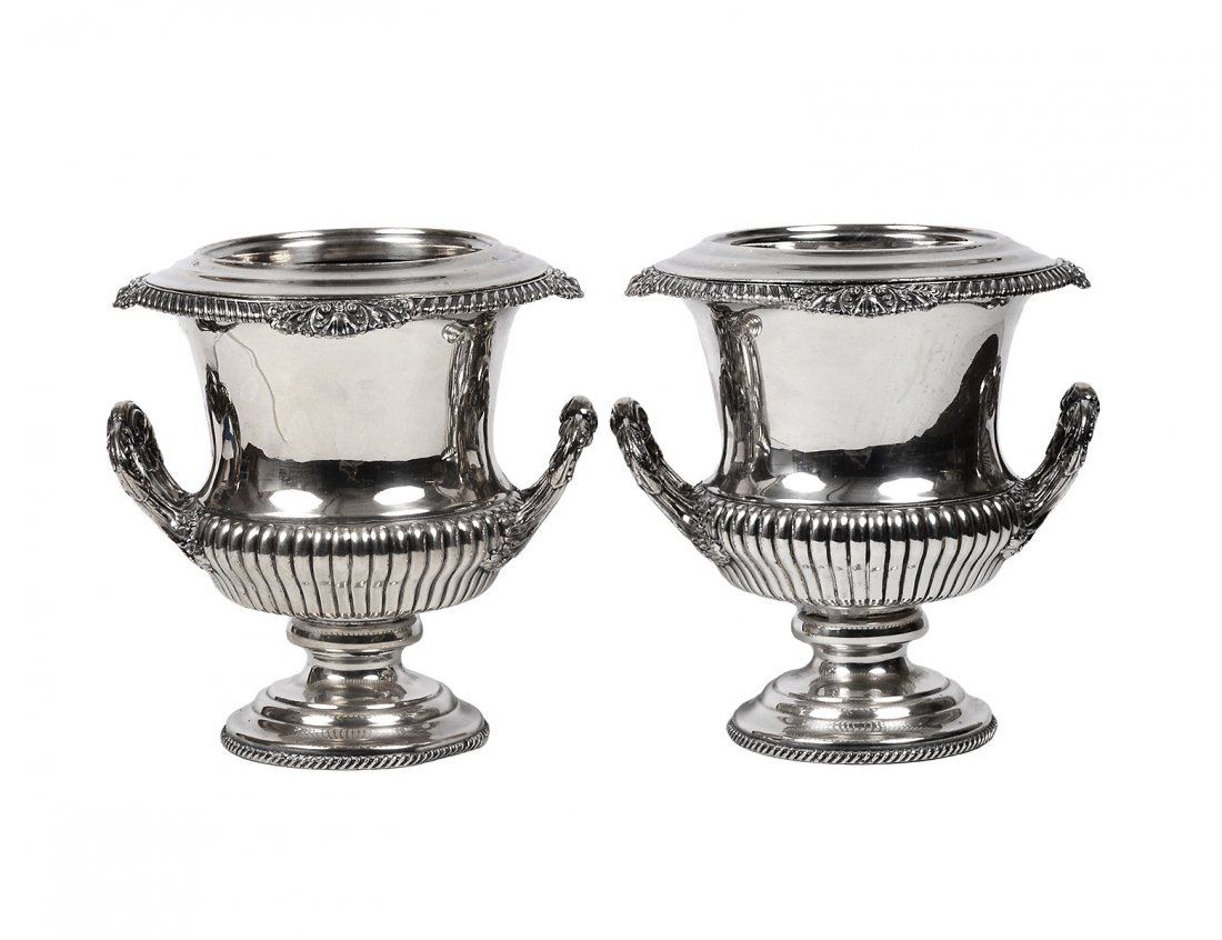 PAIR OF SHEFFIELD PLATED WINE COOLERS: English. 19th Century. Each of campana form with gadroon design and branch form handles. Height 9 1/2". (600/800)